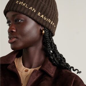 Ruslan Baginskiy RB Beanie Wool Hat Brown Color with Beige Logo